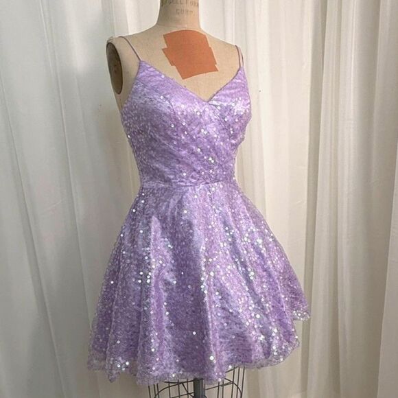 Alyce Paris Lilac Sequin Mini Dress Corset Back - Picture 3 of 8